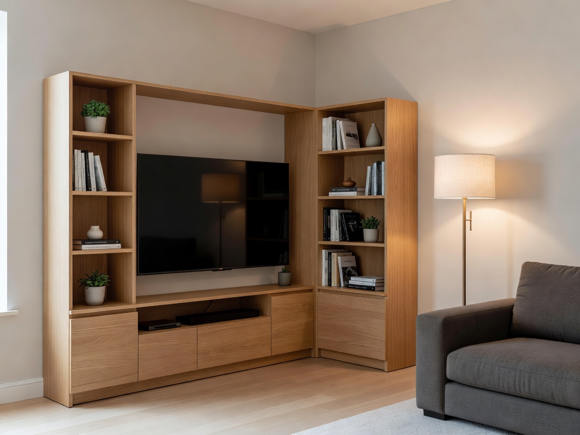 A compact corner media unit fitting snugly into a living room corner