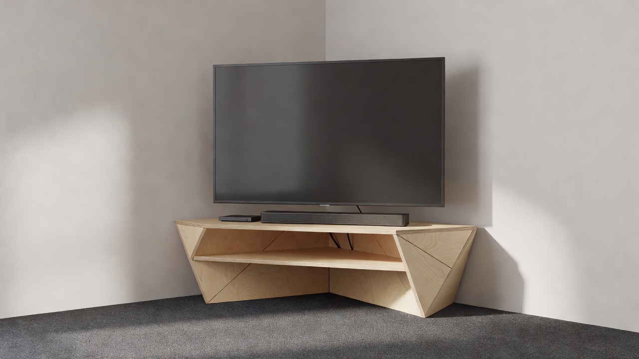 A compact television setup utilizing a geometric corner stand