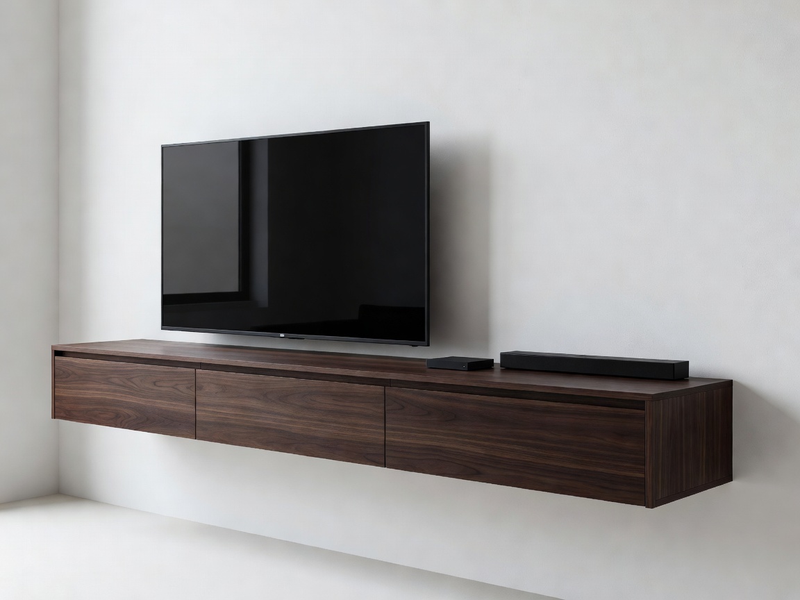 A floating media console mounted to a white wall