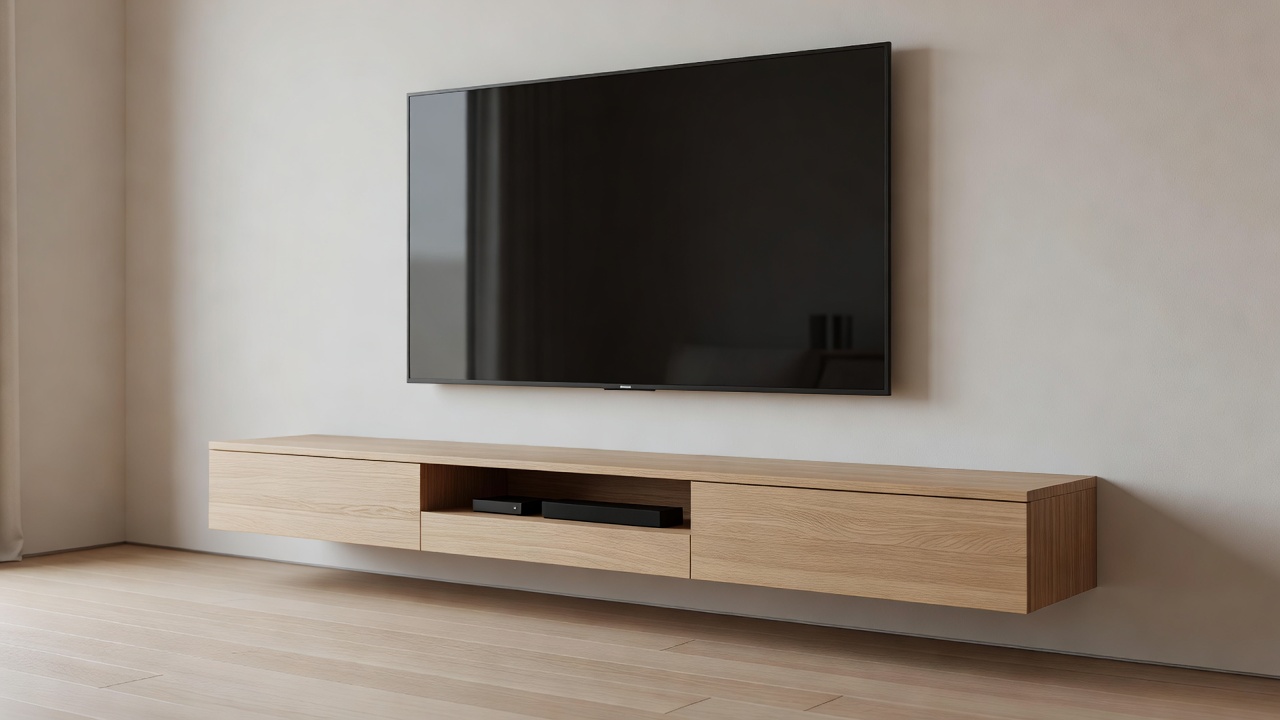A floating wooden media console mounted below a wall-fixed television
