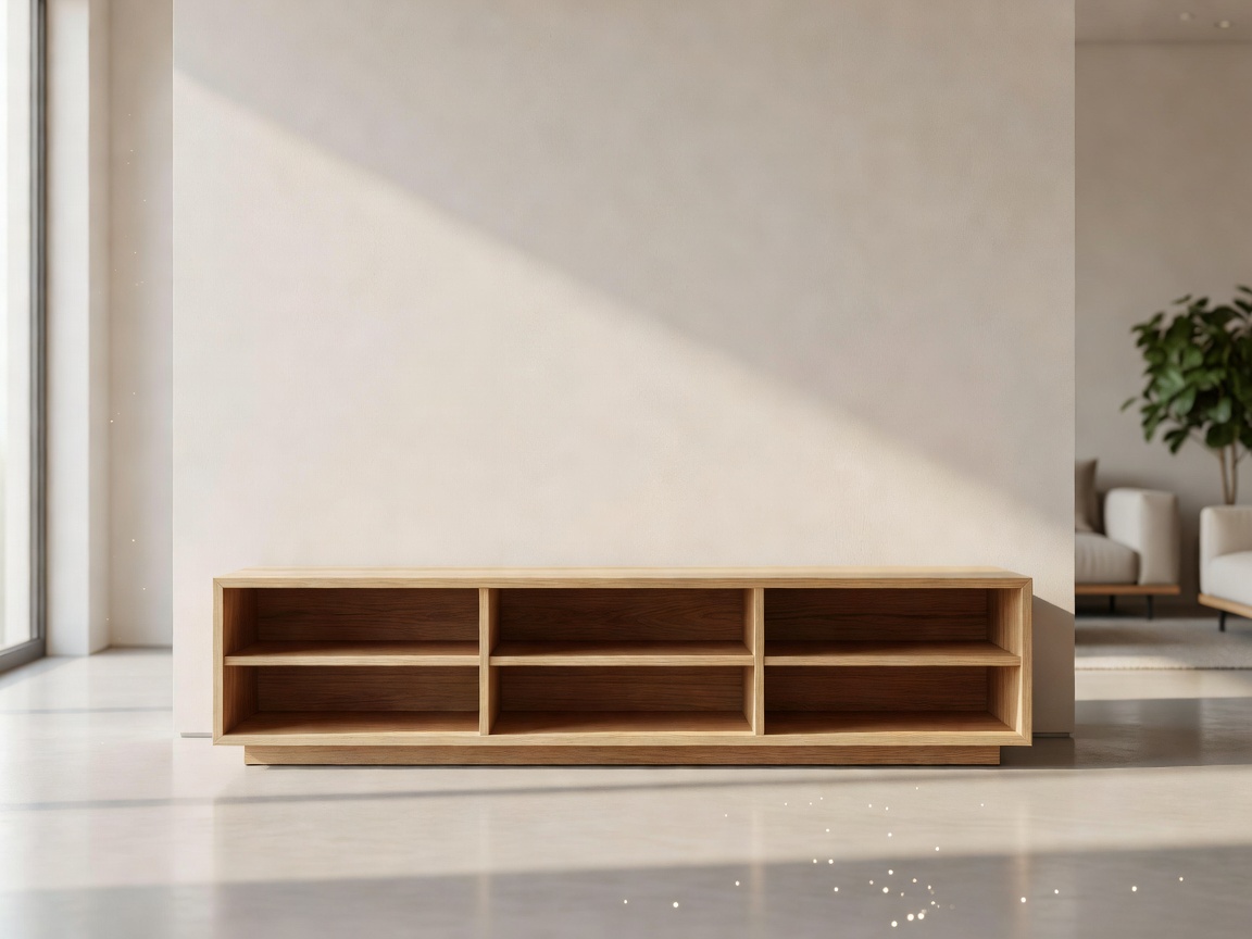 A modern wooden TV stand in a brightly lit room