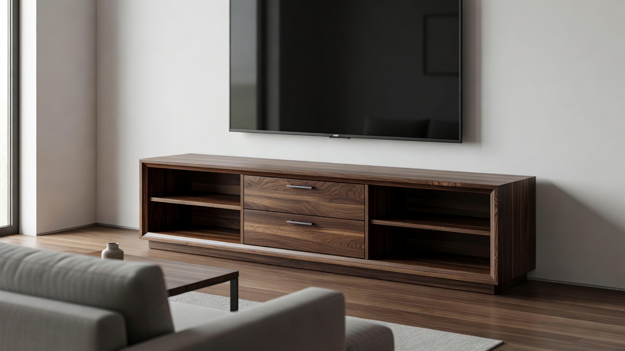 A wide wooden media console perfectly sized beneath a large flat screen television