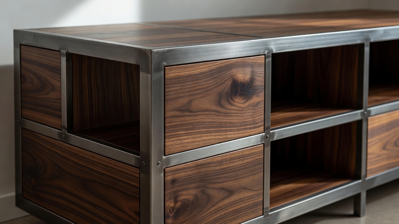 Close up showing a hybrid media unit featuring both wood grain and steel framing
