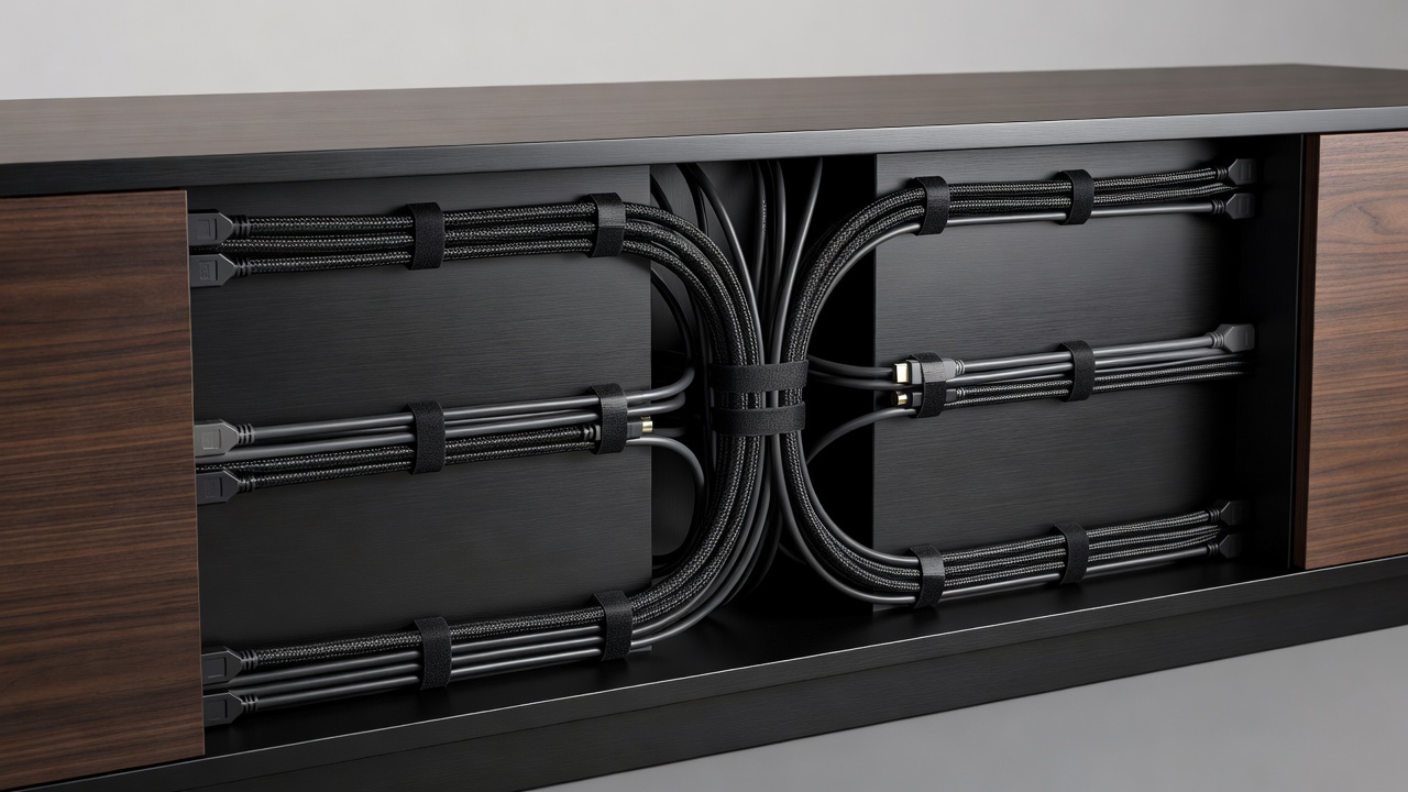 Organized cables routed cleanly behind a modern media unit